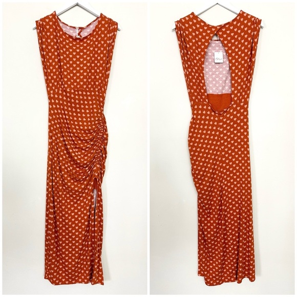 Free People Lakeside Midi Dress Hearts Printed Orange Ginger Combo - Picture 8 of 15